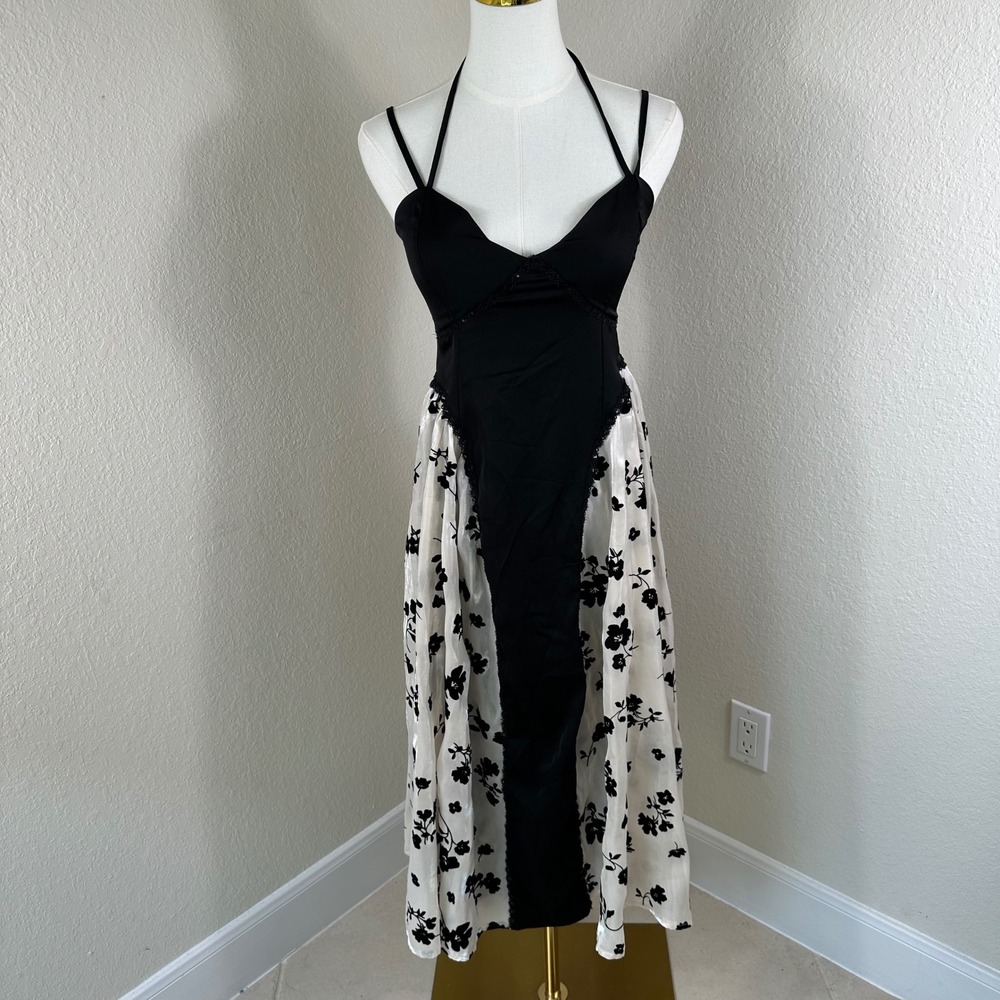Y2K Babydoll Satin Midi Dress Women S Black Floral Coquette Halter Goth Romantic